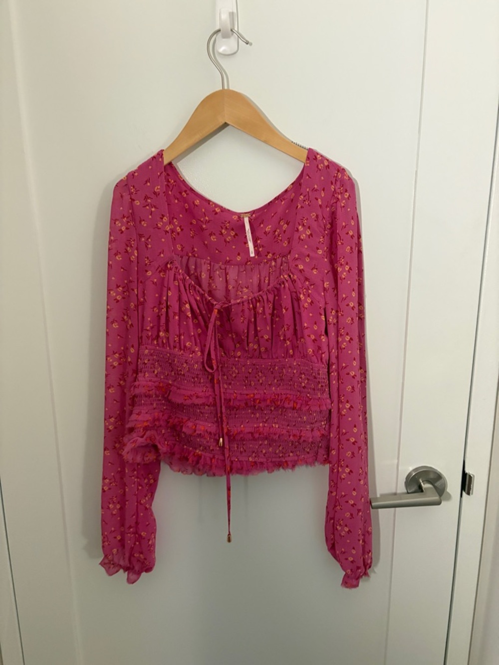 Free People Fuchsia Floral Smocked Waist Long-Sleeve Top